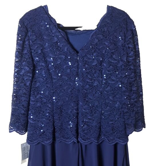 NEW Alex Evenings Women's Navy Sequin Lace Embroidered Tea-Length Dress Sz 14 - Picture 8 of 13